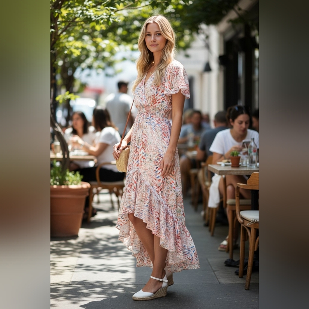 Olivia Graye Boho Floral Wrap Dress 100% Rayon Asymmetrical Hem Lace Detail, M